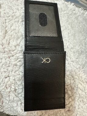 Calvin Klein Black Textured Leather Card & Key Holder with Gold CK Logo